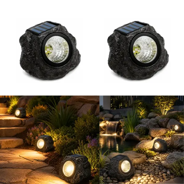Lampa Solara Decorativa BZRSH in Forma de Piatra, set 2 bucati, LED Alb Rece, Autonomie 8h, Design Naturalist IP44