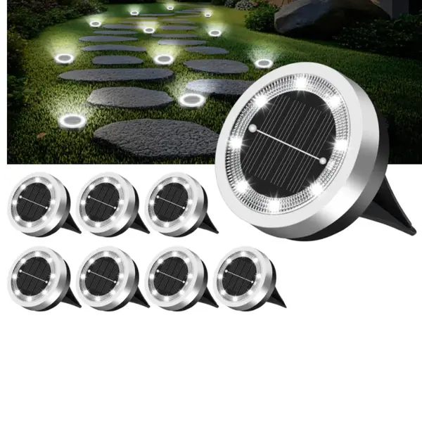 Lampa solara incastrata gazon, 8 LED-uri, inox IP65, lumina rece, pentru alee si gradina, set 8 buc