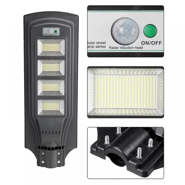 Lampa solara stradala 120W, 200 Led-uri SMD, panou solar incorporat, acumulator, senzor de miscare si lumina, telecomanda cu functii multiple, brat de montare inclus, baterii telecomanda incluse