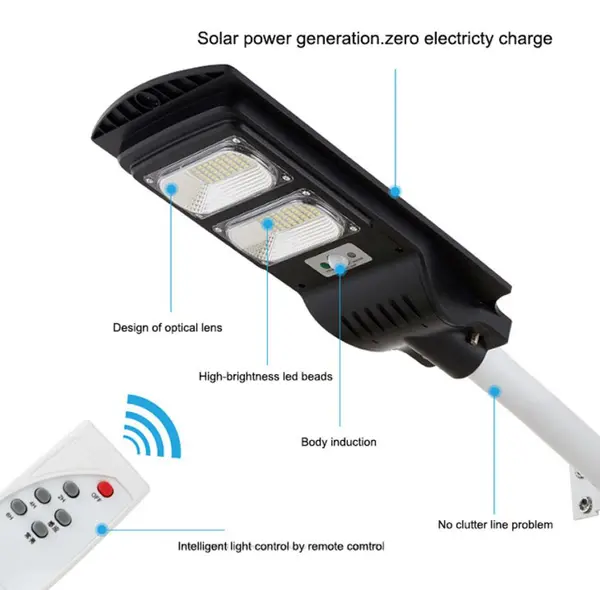Lampa solara stradala 60W, 100 Led-uri SMD, panou solar incorporat, acumulator, senzor de miscare si lumina, telecomanda cu functii multiple, brat de montare inclus, baterii telecomanda incluse