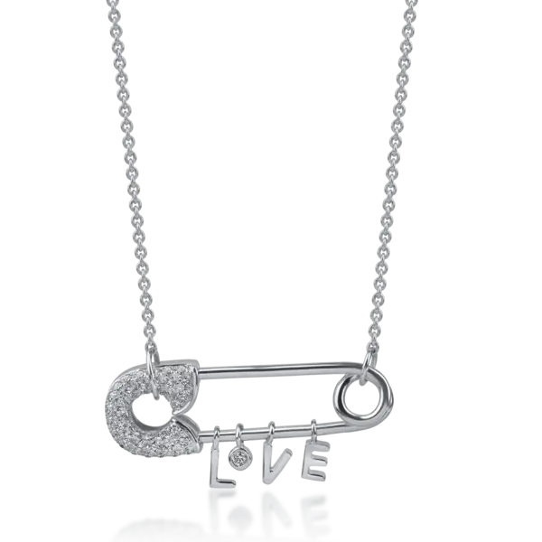Lant cu pandantiv ac de siguranta din aur alb cu diamante de 0.3ct