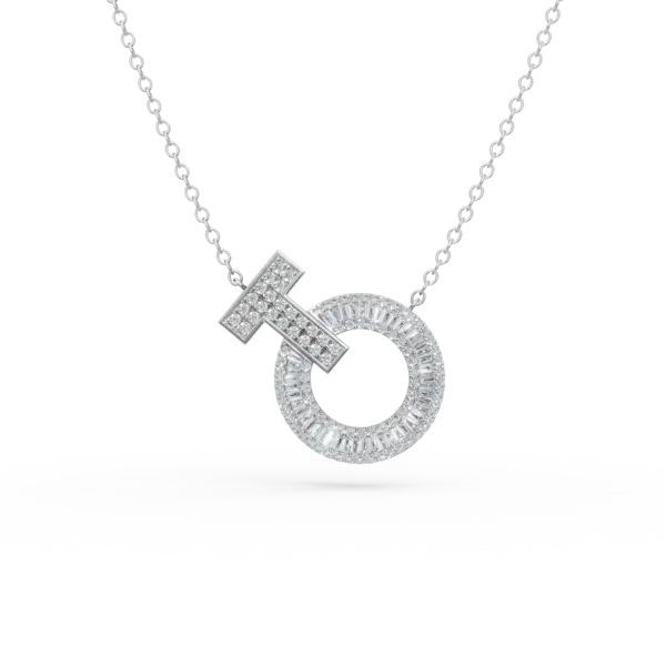 Lant cu pandantiv cerc din aur alb cu diamante baguette si rotunde de 0.6ct