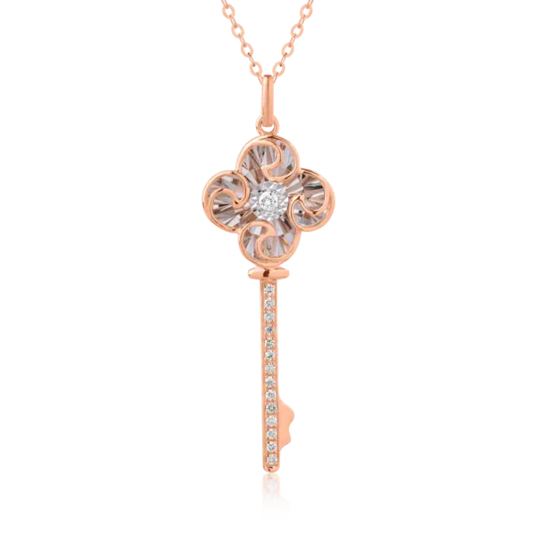 Lant cu pandantiv cheie din aur roz cu diamant de 0.017ct si diamante de 0.047ct