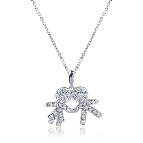 Lant cu pandantiv copii din aur alb cu diamante de 0.23ct