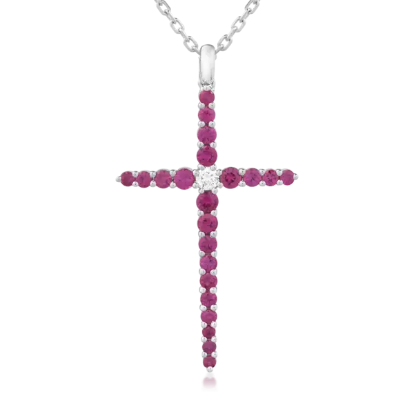 Lant cu pandantiv cruce din aur alb cu diamant de 0.09ct si rubine de 1.08ct