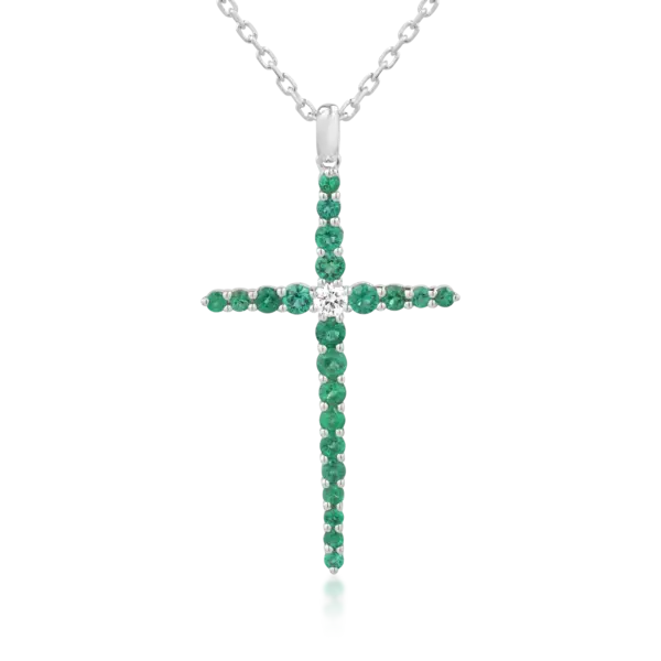 Lant cu pandantiv cruce din aur alb cu diamant de 0.09ct si smaralde de 0.85ct