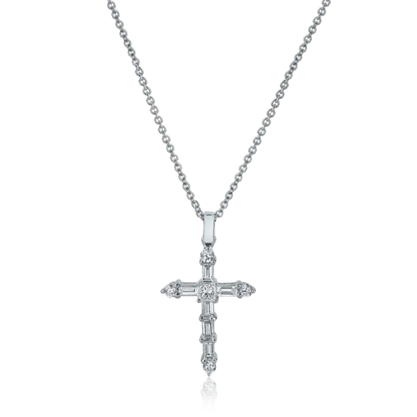 Lant cu pandantiv cruce din aur alb cu diamante baguette, princess si rotunde de 0.44ct