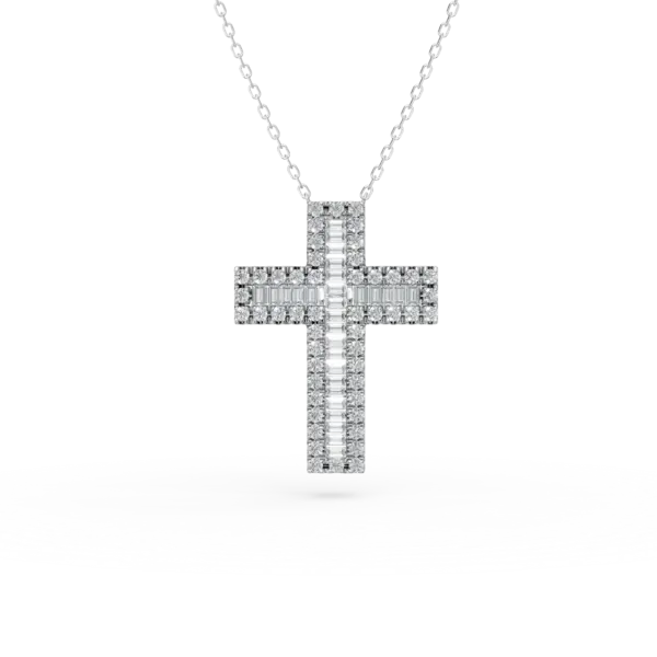 Lant cu pandantiv cruce din aur alb cu diamante baguette si rotunde de 0.4ct