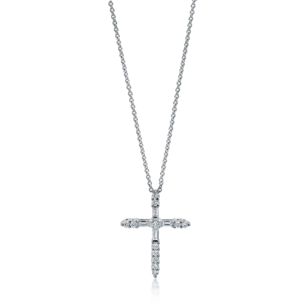 Lant cu pandantiv cruce din aur alb cu diamante baguette si rotunde de 0.3ct