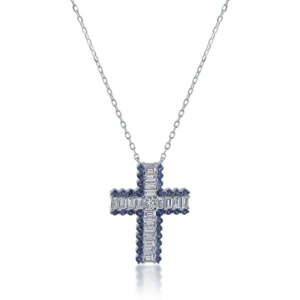 Lant cu pandantiv cruce din aur alb cu diamante baguette si rotunde de 0.93ct si safire de 0.48ct