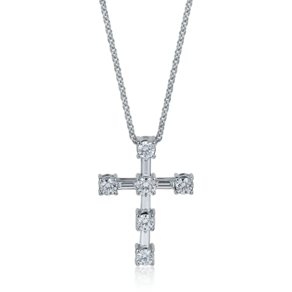 Lant cu pandantiv cruce din aur alb cu diamante baguette si rotunde de 0.8ct