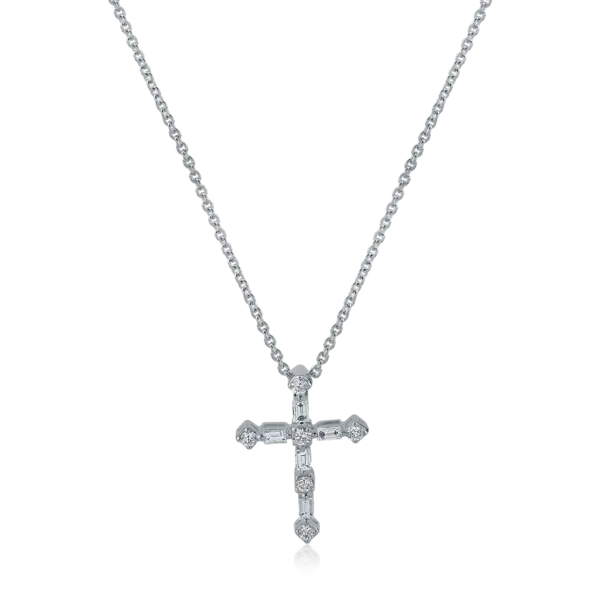 Lant cu pandantiv cruce din aur alb cu diamante baguette si rotunde de 0.23ct