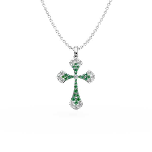 Lant cu pandantiv cruce din aur alb cu diamante de 0.42ct si smaralde de 0.31ct