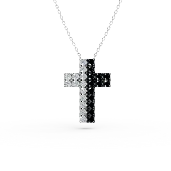 Lant cu pandantiv cruce din aur alb cu diamante incolore si negre de 0.4ct