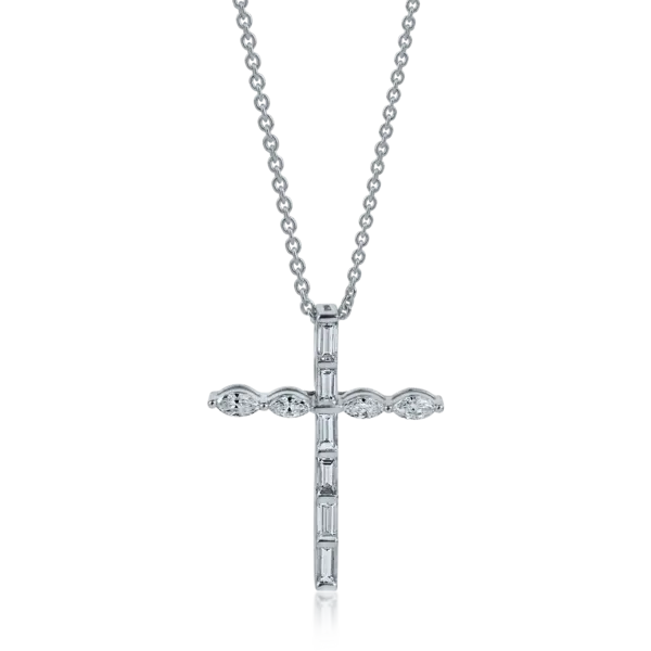 Lant cu pandantiv cruce din aur alb cu diamante marquise si rotunde de 0.46ct