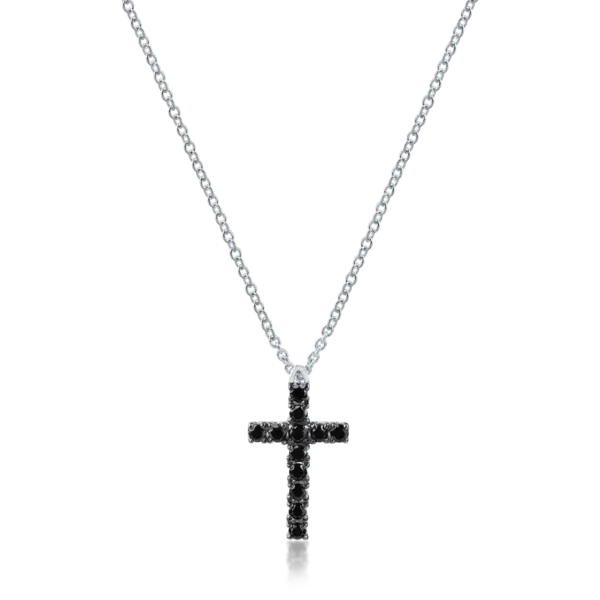 Lant cu pandantiv cruce din aur alb cu diamante negre de 0.28ct