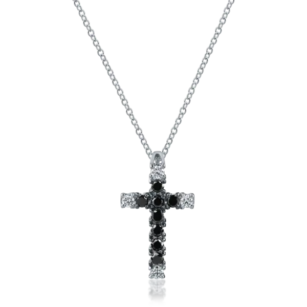 Lant cu pandantiv cruce din aur alb cu diamante negre de 0.28ct si diamante incolore de 0.12ct