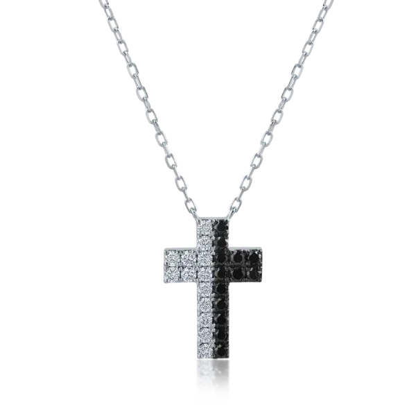 Lant cu pandantiv cruce din aur alb cu diamante negre de 0.25ct si diamante transparente de 0.22ct