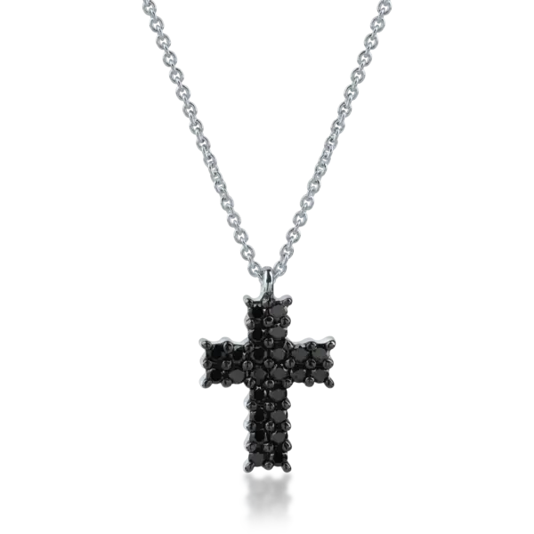 Lant cu pandantiv cruce din aur alb cu diamante negre de 0.38ct