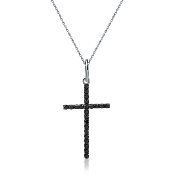 Lant cu pandantiv cruce din aur alb cu diamante negre de 0.4ct