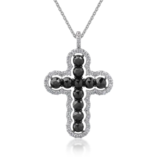 Lant cu pandantiv cruce din aur alb cu diamante negre taietura rose de 1.9ct si diamante incolore de 0.5ct
