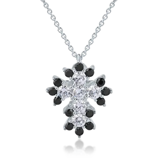 Lant cu pandantiv cruce din aur alb cu diamante transparente de 0.61ct si diamante negre de 0.41ct