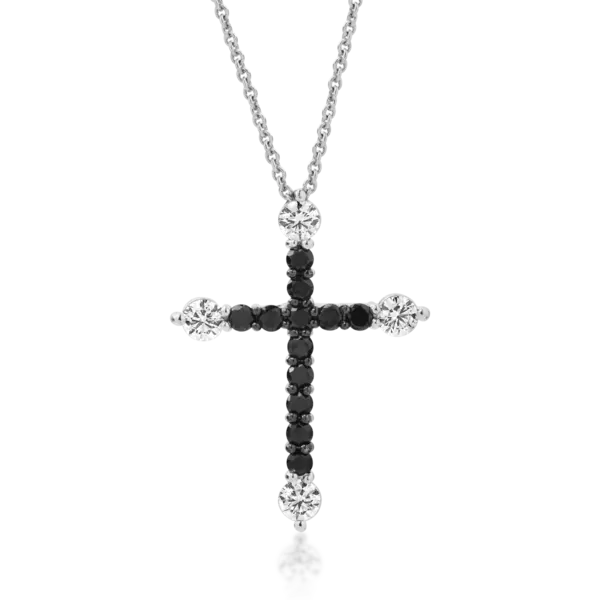 Lant cu pandantiv cruce din aur alb cu diamante transparente de 0.5ct si diamante negre de 0.53ct