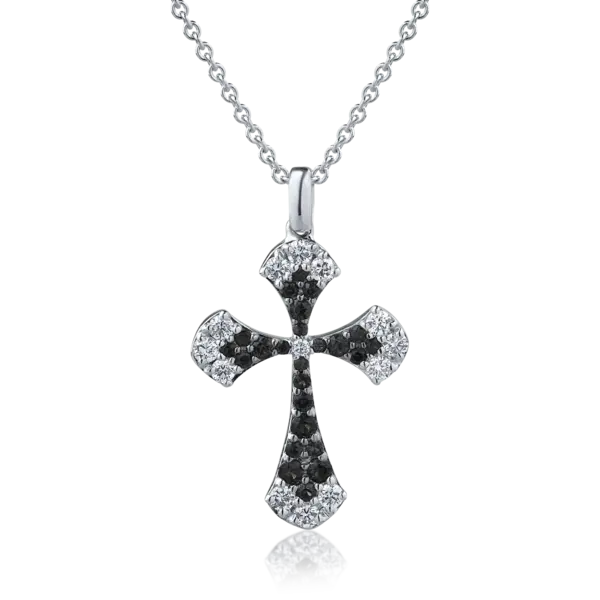 Lant cu pandantiv cruce din aur alb cu diamante transparente de 0.42ct si diamante negre de 0.45ct