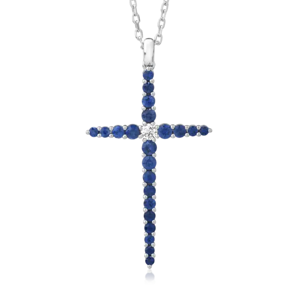 Lant cu pandantiv cruce din aur alb cu safire de 1.1ct si un diamant de 0.09ct