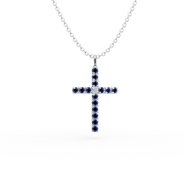 Lant cu pandantiv cruce din aur alb cu safire de 1.2ct si diamant de 0.07ct