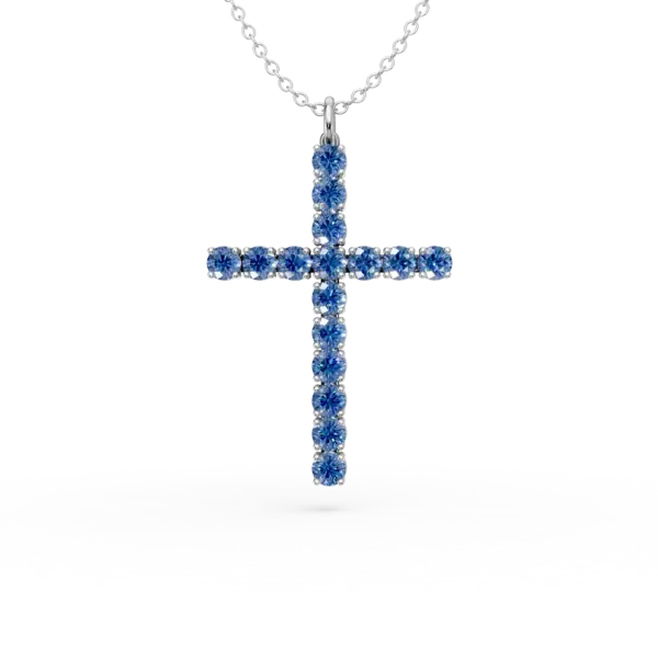 Lant cu pandantiv cruce din aur alb cu safire de 1.3ct