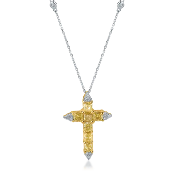 Lant cu pandantiv cruce din aur alb-galben cu diamante cushion si rotunde de 2.78ct