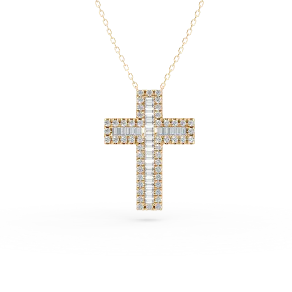 Lant cu pandantiv cruce din aur galben cu diamante baguette si rotunde de 0.4ct