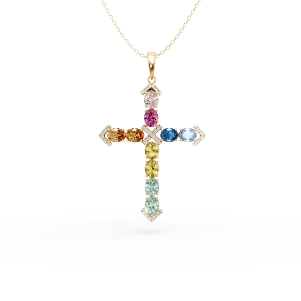 Lant cu pandantiv cruce din aur galben cu safire multicolore ovale de 4.2ct si diamante de 0.17ct