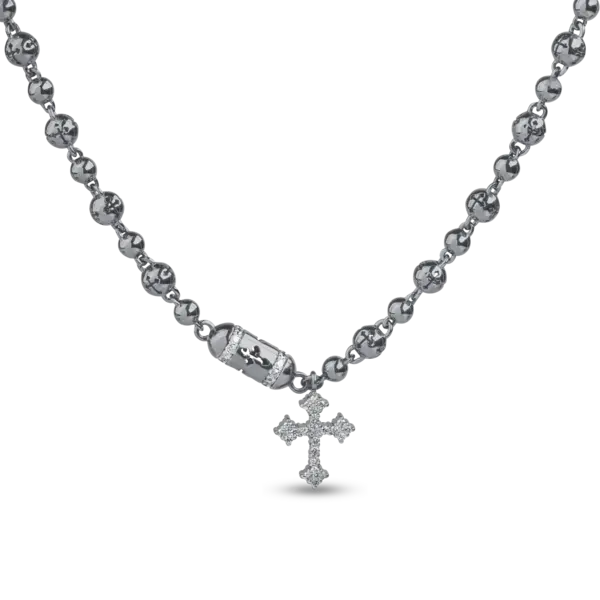 Lant cu pandantiv cruce din aur negru cu diamante transparente de 0.35ct si diamante negre de 0.17ct