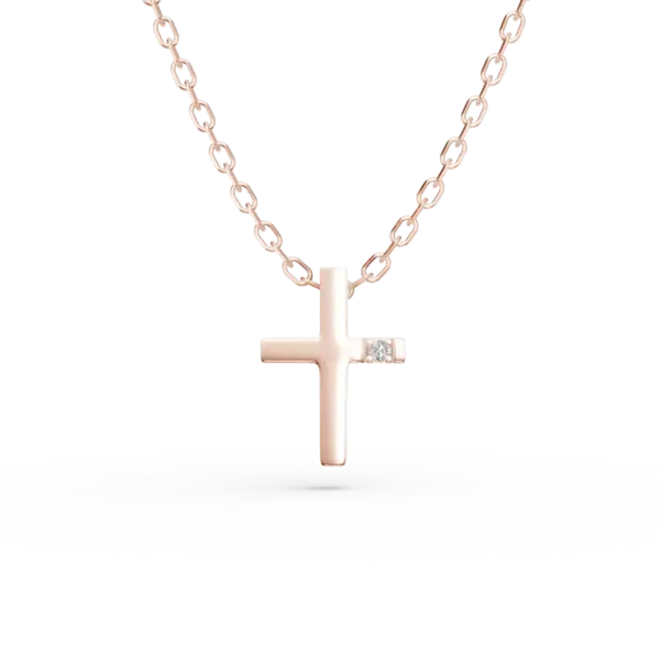 Lant cu pandantiv cruce din aur roz cu diamant de 0.01ct