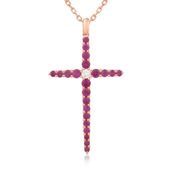 Lant cu pandantiv cruce din aur roz cu diamant de 0.09ct si rubine de 1.08ct