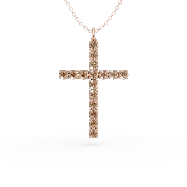 Lant cu pandantiv cruce din aur roz cu diamante maro de 1.2ct