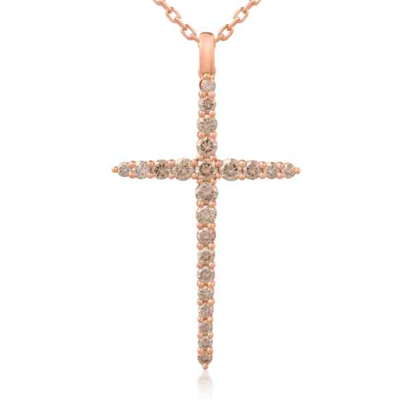 Lant cu pandantiv cruce din aur roz cu diamante maro de 1ct