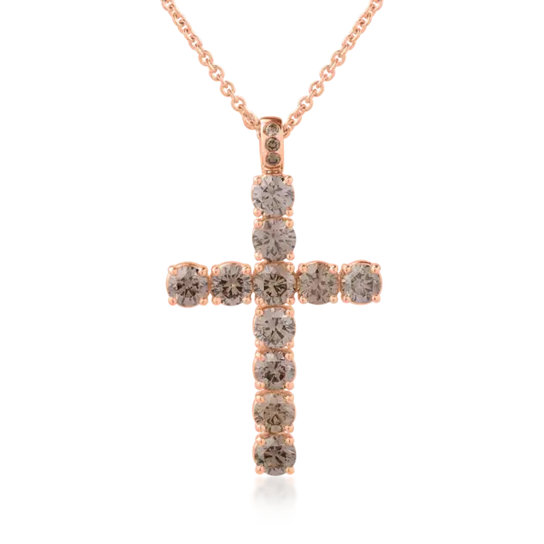Lant cu pandantiv cruce din aur roz cu diamante maro de 5.2ct