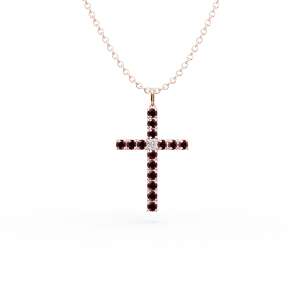 Lant cu pandantiv cruce din aur roz cu rubine de 1.3ct si diamant de 0.07ct