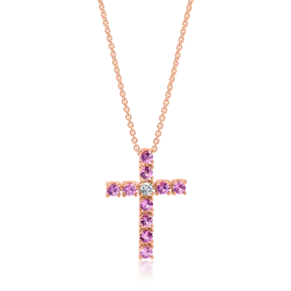 Lant cu pandantiv cruce din aur roz cu safire roz de 0.95ct si diamant de 0.08ct