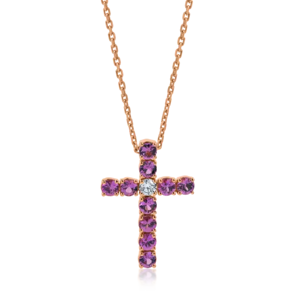 Lant cu pandantiv cruce din aur roz cu safire roz si diamante de 3.31ct