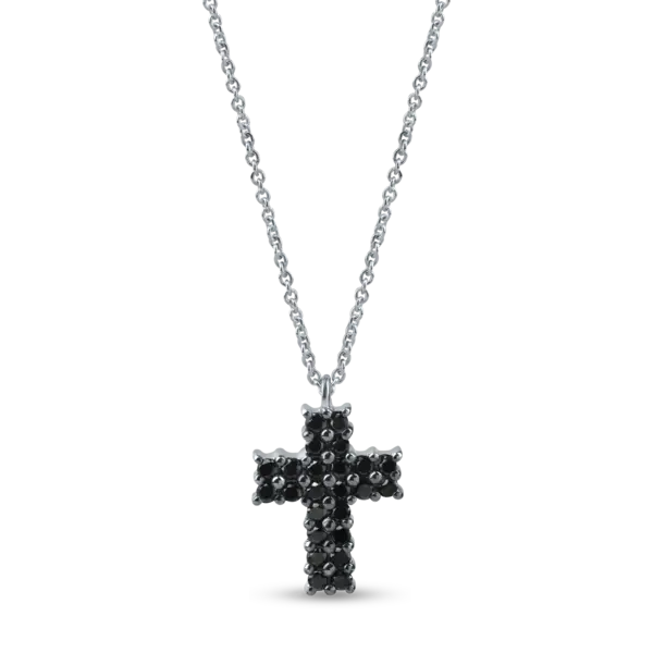 Lant cu pandantiv cruciulita din aur alb cu diamante negre de 0.2ct