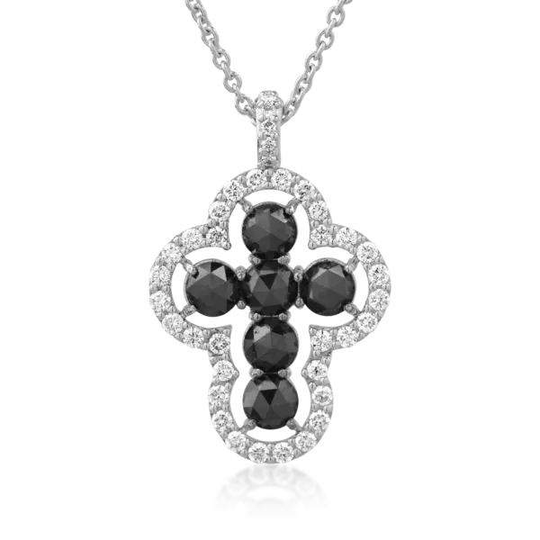 Lant cu pandantiv cruciulita din aur alb cu diamante negre taietura rose de 0.88 si diamante incolore de 0.33ct