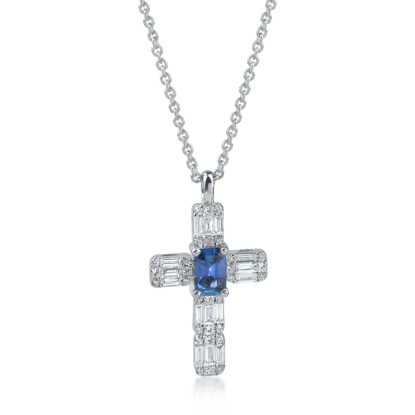 Lant cu pandantiv cruciulita din aur alb cu safire baguette de 0.6ct si diamante de 0.3ct