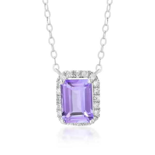 Lant cu pandantiv din aur alb cu ametist emerald de 0.85ct si diamante de 0.12ct