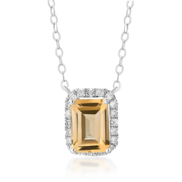 Lant cu pandantiv din aur alb cu citrin emerald de 0.85ct si diamante de 0.12ct