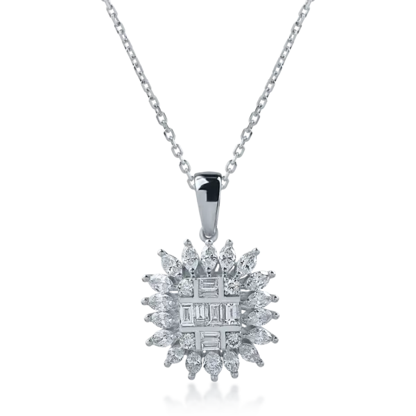 Lant cu pandantiv din aur alb cu diamante baguette si paer de 0.78ct