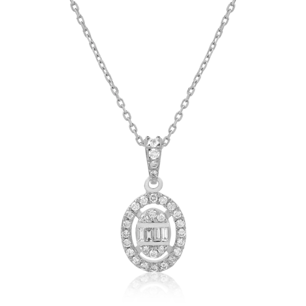 Lant cu pandantiv din aur alb cu diamante baguette si rotunde de 0.19ct